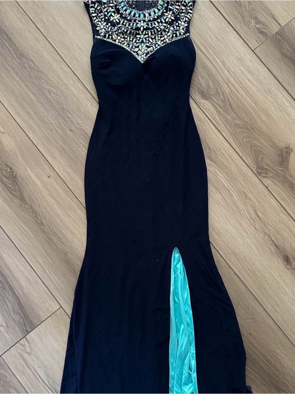 Black Evening Gown with Beaded Neckline and Teal Slip